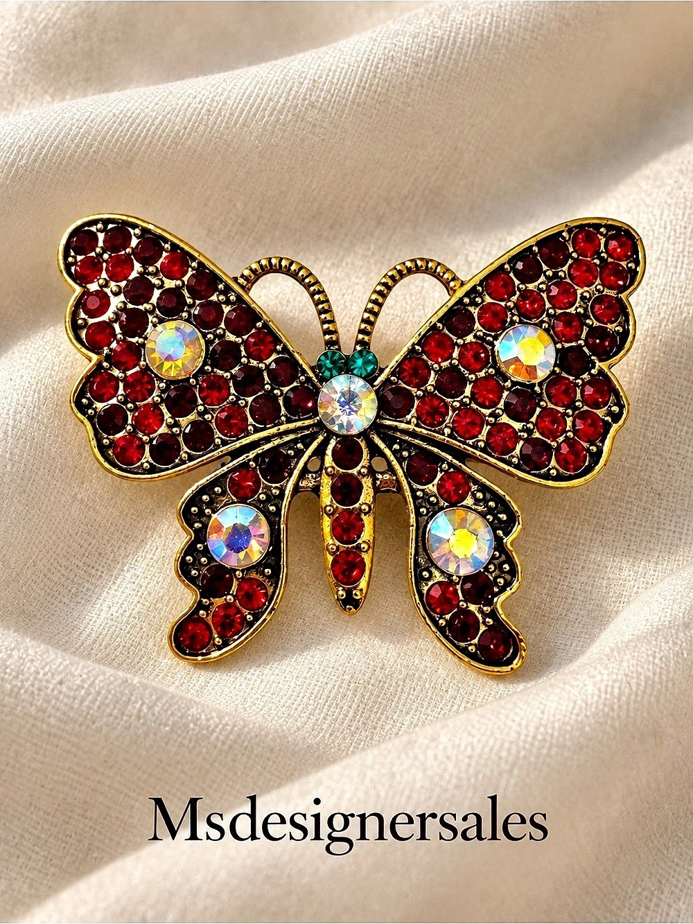 Jeweled Butterfly Brooch in Red & Gold Like New 227